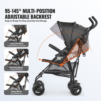 VEVOR Lightweight Stroller, Compact Easy Fold MultiPosition Recline Canopy Backrest, Carbon Steel Frame, Large Storage Basket,Cup Holder, Umbrella Toddler Baby Stroller for Travel, Light Gray/Black - BXYETCQHHSMB1OLQAV0 - view 7