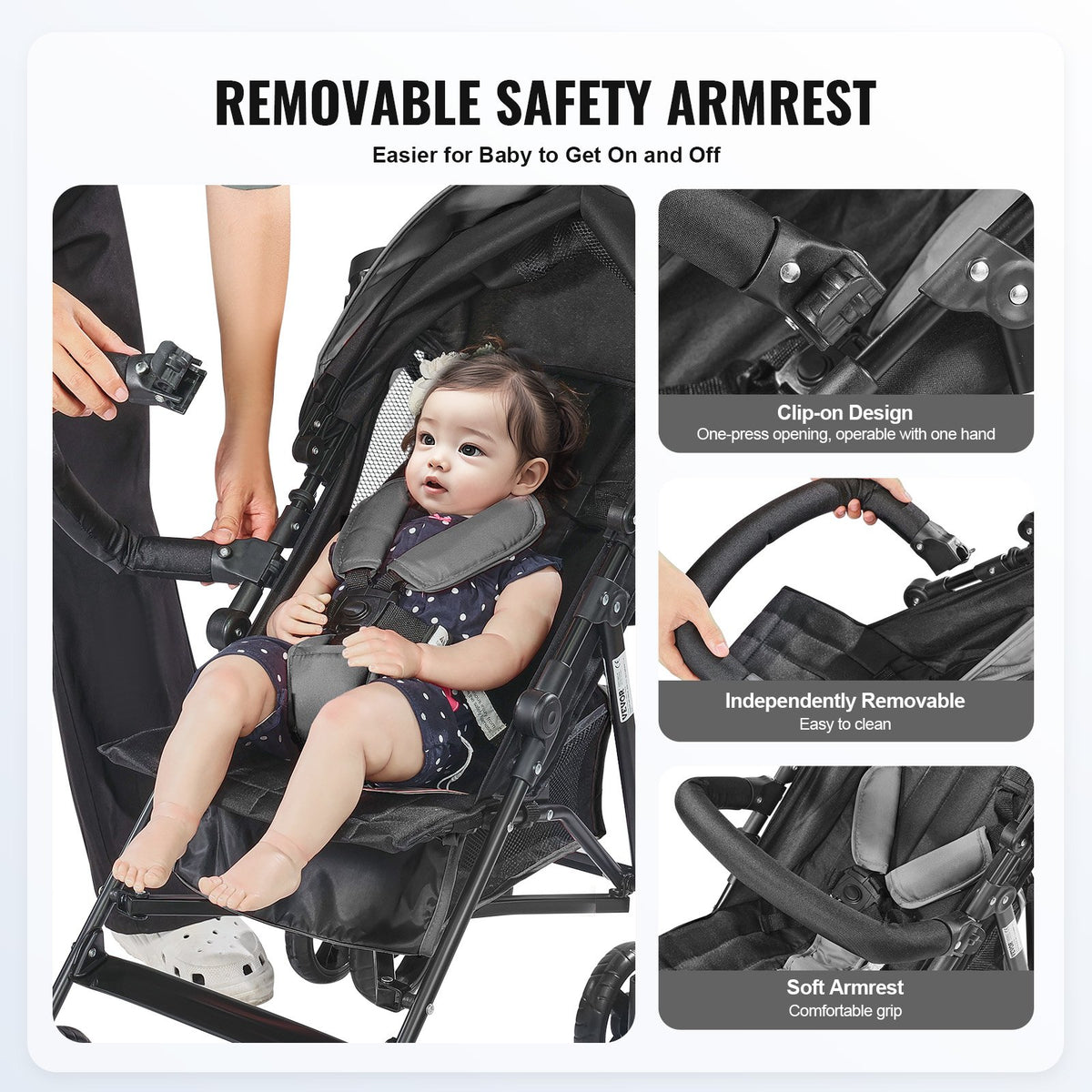 VEVOR Lightweight Stroller, Compact Easy Fold MultiPosition Recline Canopy Backrest, Carbon Steel Frame, Large Storage Basket,Cup Holder, Umbrella Toddler Baby Stroller for Travel, Dark Gray/Black - BXYETCSHHSMB4V4YKV0 - view 4