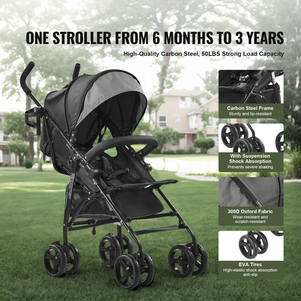 VEVOR Lightweight Stroller, Compact Easy Fold MultiPosition Recline Canopy Backrest, Carbon Steel Frame, Large Storage Basket,Cup Holder, Umbrella Toddler Baby Stroller for Travel, Dark Gray/Black - BXYETCSHHSMB4V4YKV0 - view 5
