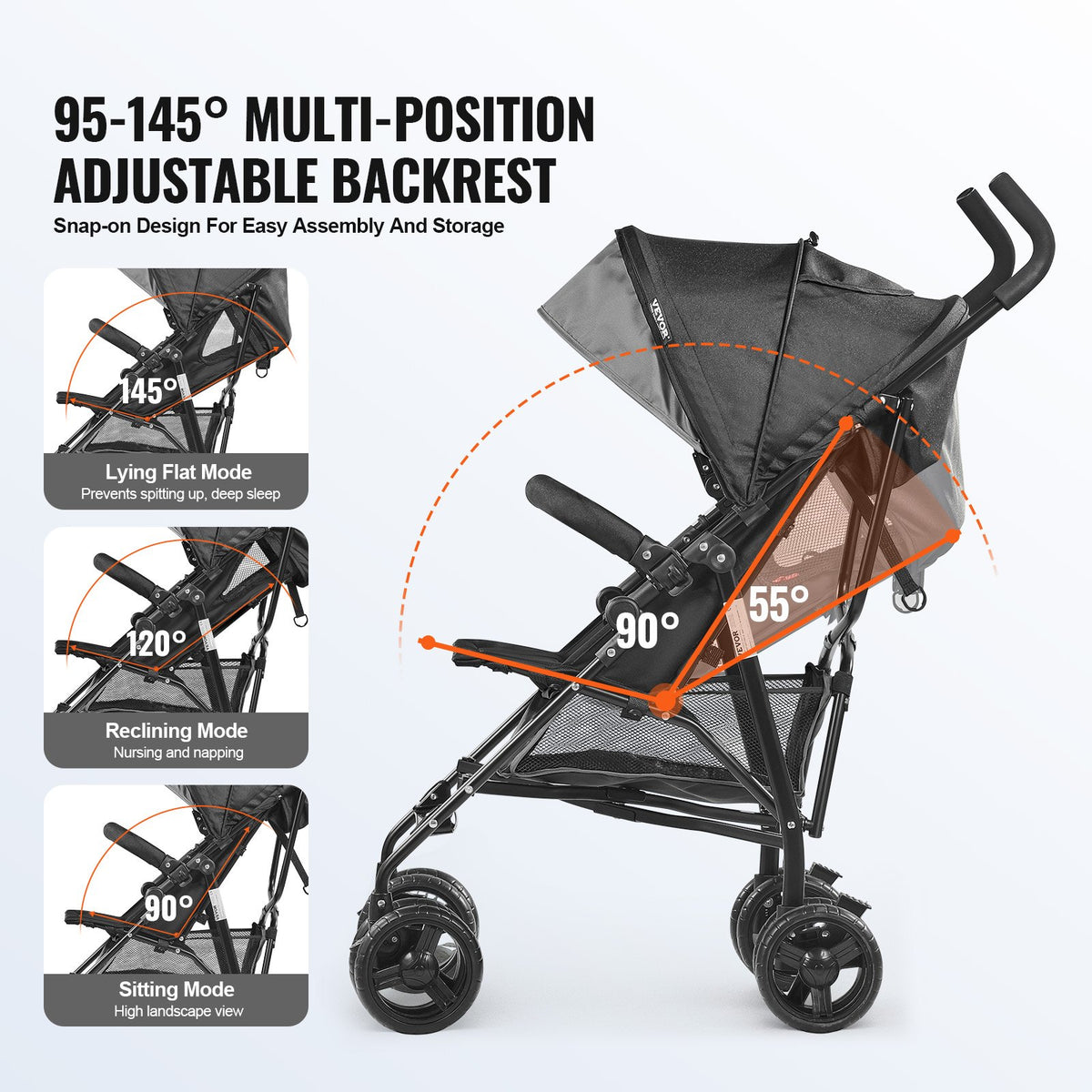 VEVOR Lightweight Stroller, Compact Easy Fold MultiPosition Recline Canopy Backrest, Carbon Steel Frame, Large Storage Basket,Cup Holder, Umbrella Toddler Baby Stroller for Travel, Dark Gray/Black - BXYETCSHHSMB4V4YKV0 - view 7