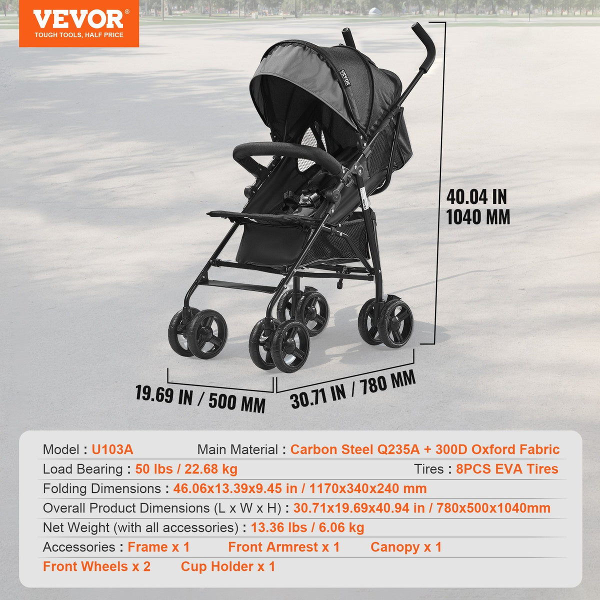 VEVOR Lightweight Stroller, Compact Easy Fold MultiPosition Recline Canopy Backrest, Carbon Steel Frame, Large Storage Basket,Cup Holder, Umbrella Toddler Baby Stroller for Travel, Dark Gray/Black - BXYETCSHHSMB4V4YKV0 - view 8
