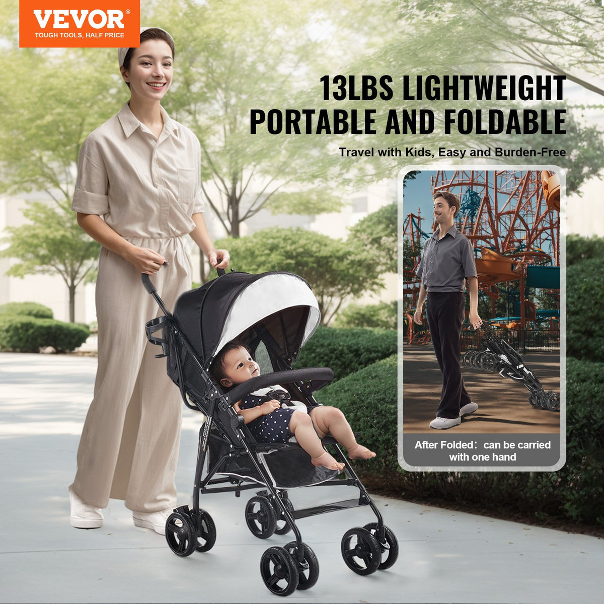 VEVOR Lightweight Stroller, Compact Easy Fold MultiPosition Recline Canopy Backrest, Carbon Steel Frame, Large Storage Basket, Umbrella Toddler Baby Stroller for Travel and More, Black/White - BXYETCSXHB00T53R4V0 - view 3