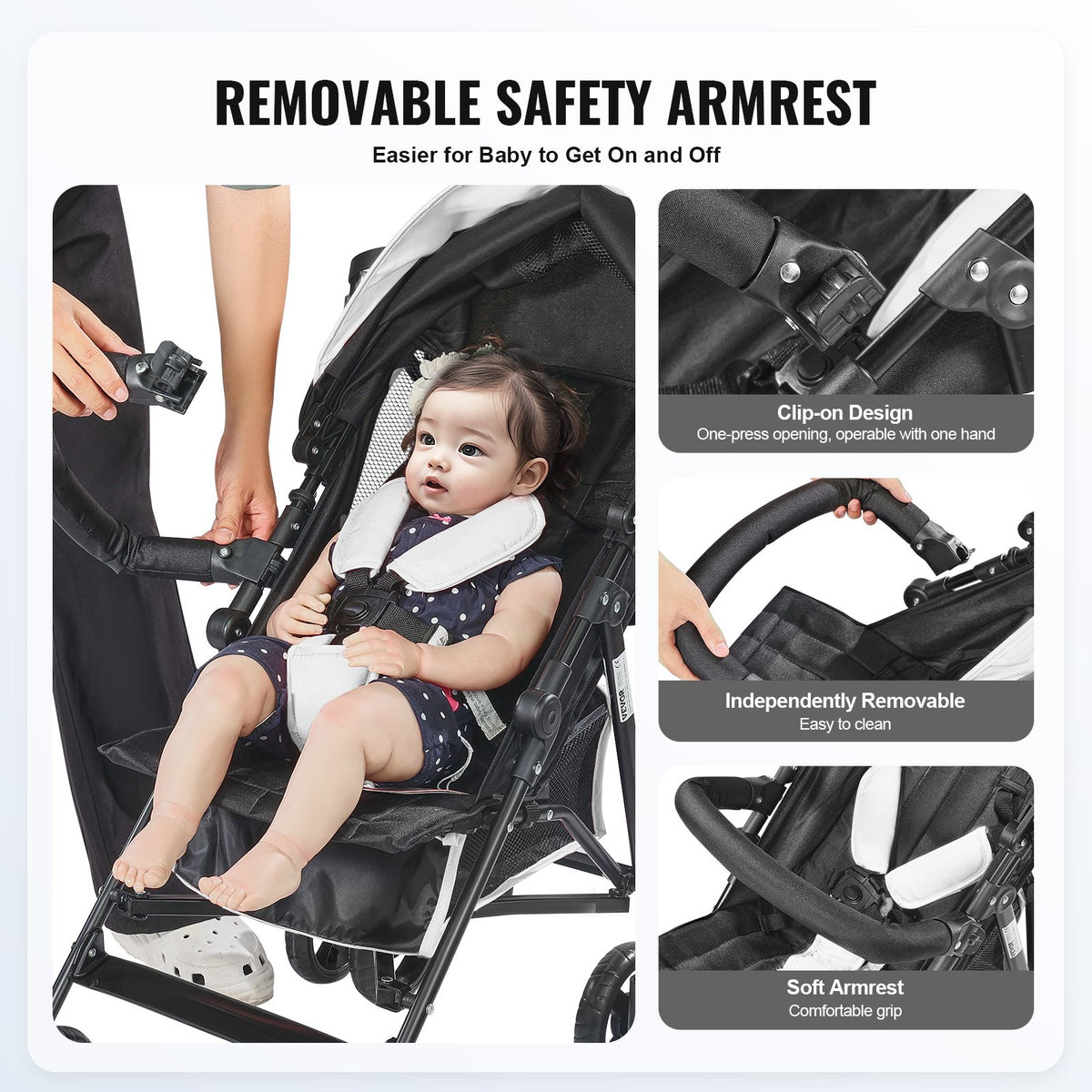 VEVOR Lightweight Stroller, Compact Easy Fold MultiPosition Recline Canopy Backrest, Carbon Steel Frame, Large Storage Basket, Umbrella Toddler Baby Stroller for Travel and More, Black/White - BXYETCSXHB00T53R4V0 - view 4