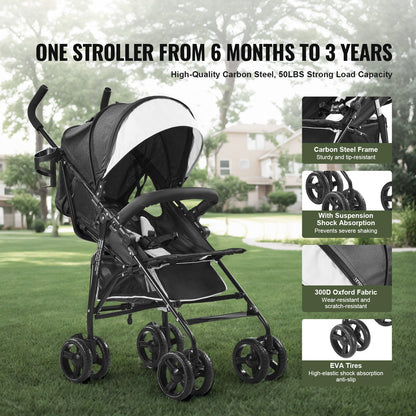 VEVOR Lightweight Stroller, Compact Easy Fold MultiPosition Recline Canopy Backrest, Carbon Steel Frame, Large Storage Basket, Umbrella Toddler Baby Stroller for Travel and More, Black/White - BXYETCSXHB00T53R4V0 - view 5