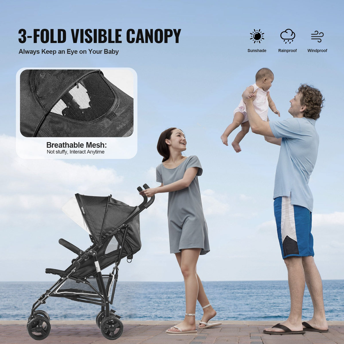 VEVOR Lightweight Stroller, Compact Easy Fold MultiPosition Recline Canopy Backrest, Carbon Steel Frame, Large Storage Basket, Umbrella Toddler Baby Stroller for Travel and More, Black/White - BXYETCSXHB00T53R4V0 - view 6