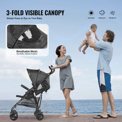 VEVOR Lightweight Stroller, Compact Easy Fold MultiPosition Recline Canopy Backrest, Carbon Steel Frame, Large Storage Basket, Umbrella Toddler Baby Stroller for Travel and More, Black/White - BXYETCSXHB00T53R4V0 - view 6