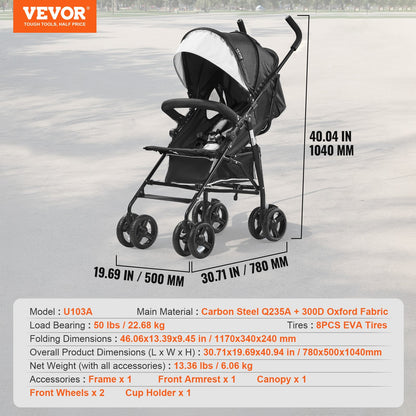 VEVOR Lightweight Stroller, Compact Easy Fold MultiPosition Recline Canopy Backrest, Carbon Steel Frame, Large Storage Basket, Umbrella Toddler Baby Stroller for Travel and More, Black/White - BXYETCSXHB00T53R4V0 - view 8
