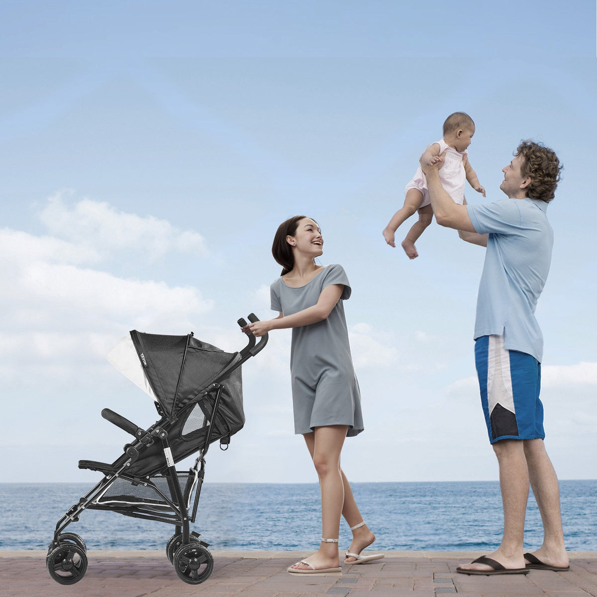 VEVOR Lightweight Stroller, Compact Easy Fold MultiPosition Recline Canopy Backrest, Carbon Steel Frame, Large Storage Basket, Umbrella Toddler Baby Stroller for Travel and More, Black/White - BXYETCSXHB00T53R4V0 - view 9