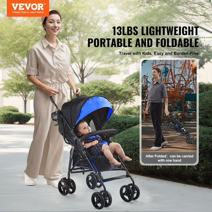 VEVOR Lightweight Stroller, Compact Easy Fold MultiPosition Recline Canopy Backrest, Carbon Steel Frame, Large Storage Basket, Umbrella Toddler Baby Stroller for Travel and More, Black/Blue - BXYETCSXHL00RHDR4V0 - view 3