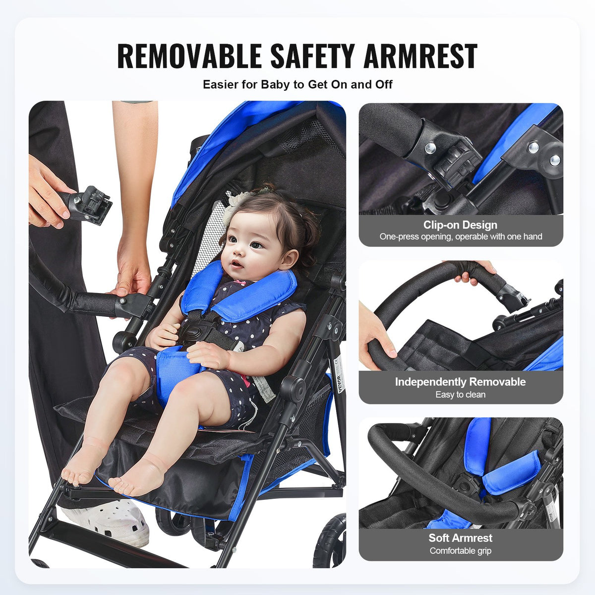 VEVOR Lightweight Stroller, Compact Easy Fold MultiPosition Recline Canopy Backrest, Carbon Steel Frame, Large Storage Basket, Umbrella Toddler Baby Stroller for Travel and More, Black/Blue - BXYETCSXHL00RHDR4V0 - view 4