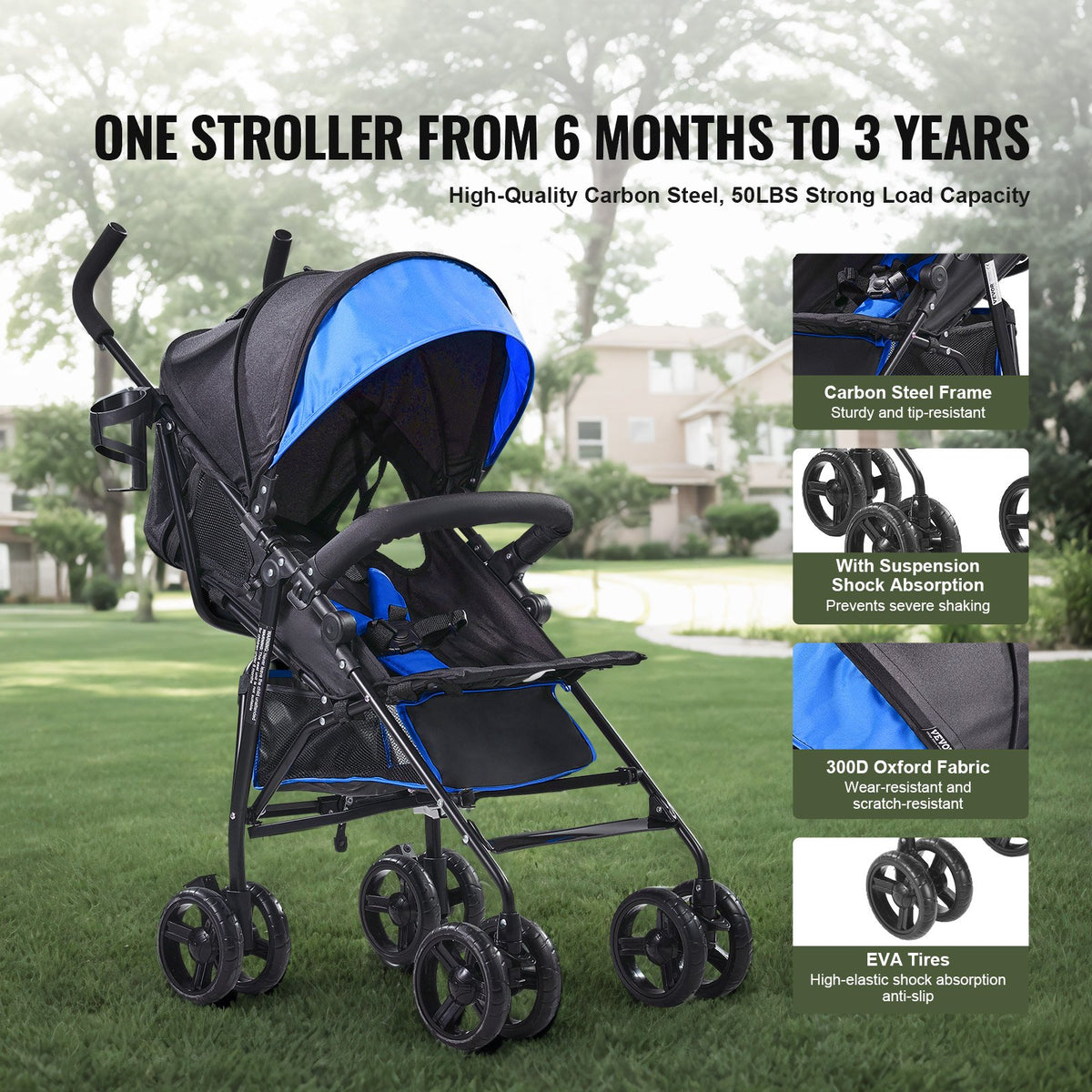 VEVOR Lightweight Stroller, Compact Easy Fold MultiPosition Recline Canopy Backrest, Carbon Steel Frame, Large Storage Basket, Umbrella Toddler Baby Stroller for Travel and More, Black/Blue - BXYETCSXHL00RHDR4V0 - view 5
