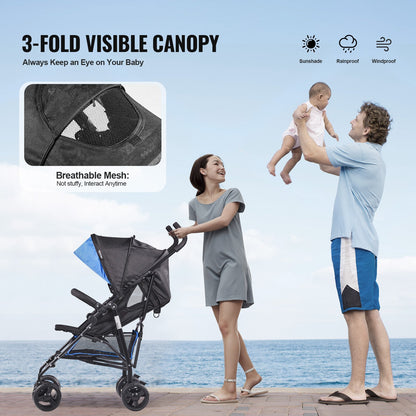 VEVOR Lightweight Stroller, Compact Easy Fold MultiPosition Recline Canopy Backrest, Carbon Steel Frame, Large Storage Basket, Umbrella Toddler Baby Stroller for Travel and More, Black/Blue - BXYETCSXHL00RHDR4V0 - view 6