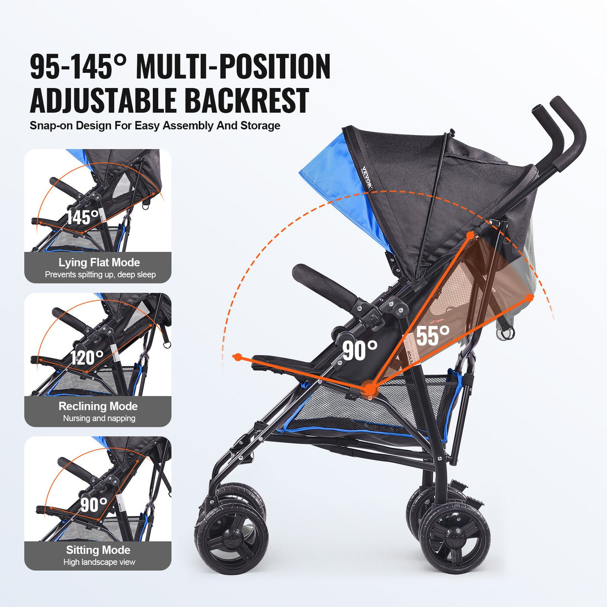 VEVOR Lightweight Stroller, Compact Easy Fold MultiPosition Recline Canopy Backrest, Carbon Steel Frame, Large Storage Basket, Umbrella Toddler Baby Stroller for Travel and More, Black/Blue - BXYETCSXHL00RHDR4V0 - view 7
