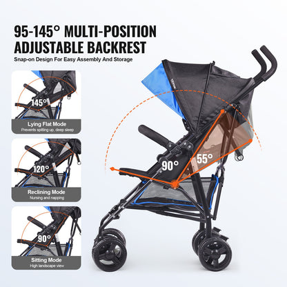 VEVOR Lightweight Stroller, Compact Easy Fold MultiPosition Recline Canopy Backrest, Carbon Steel Frame, Large Storage Basket, Umbrella Toddler Baby Stroller for Travel and More, Black/Blue - BXYETCSXHL00RHDR4V0 - view 7