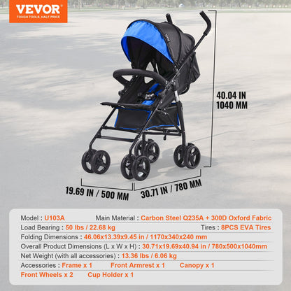 VEVOR Lightweight Stroller, Compact Easy Fold MultiPosition Recline Canopy Backrest, Carbon Steel Frame, Large Storage Basket, Umbrella Toddler Baby Stroller for Travel and More, Black/Blue - BXYETCSXHL00RHDR4V0 - view 8