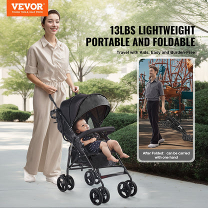 VEVOR Lightweight Stroller, Compact Easy Fold MultiPosition Recline Canopy Backrest, Carbon Steel Frame, Large Storage Basket,Cup Holder, Umbrella Toddler Baby Stroller for Travel and More, Black - BXYETCSXHS007QFKLV0 - view 3