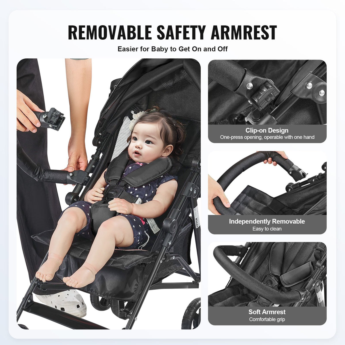 VEVOR Lightweight Stroller, Compact Easy Fold MultiPosition Recline Canopy Backrest, Carbon Steel Frame, Large Storage Basket,Cup Holder, Umbrella Toddler Baby Stroller for Travel and More, Black - BXYETCSXHS007QFKLV0 - view 4