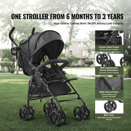 VEVOR Lightweight Stroller, Compact Easy Fold MultiPosition Recline Canopy Backrest, Carbon Steel Frame, Large Storage Basket,Cup Holder, Umbrella Toddler Baby Stroller for Travel and More, Black - BXYETCSXHS007QFKLV0 - view 5