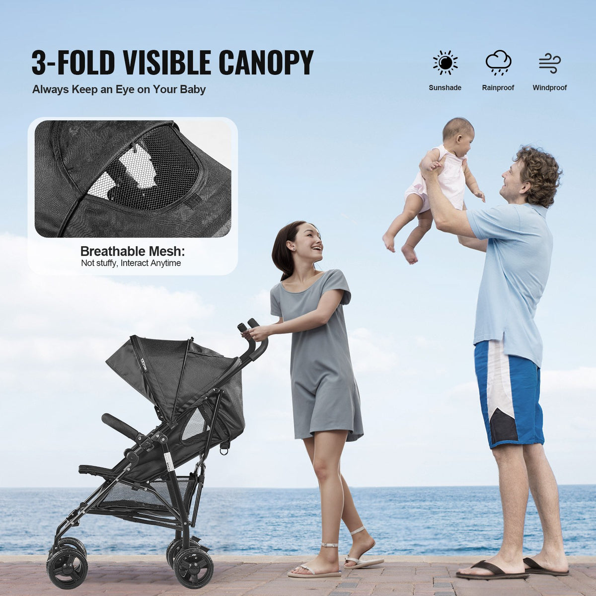 VEVOR Lightweight Stroller, Compact Easy Fold MultiPosition Recline Canopy Backrest, Carbon Steel Frame, Large Storage Basket,Cup Holder, Umbrella Toddler Baby Stroller for Travel and More, Black - BXYETCSXHS007QFKLV0 - view 6
