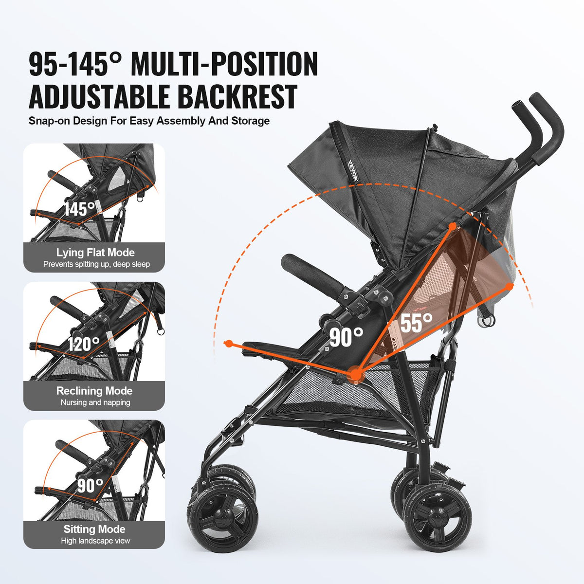 VEVOR Lightweight Stroller, Compact Easy Fold MultiPosition Recline Canopy Backrest, Carbon Steel Frame, Large Storage Basket,Cup Holder, Umbrella Toddler Baby Stroller for Travel and More, Black - BXYETCSXHS007QFKLV0 - view 7