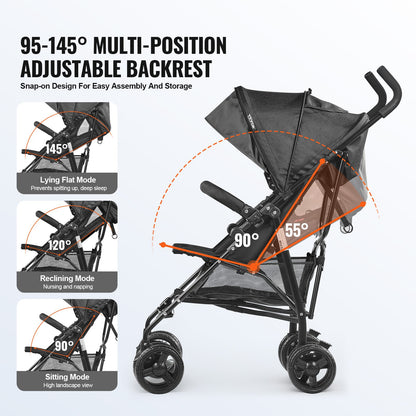VEVOR Lightweight Stroller, Compact Easy Fold MultiPosition Recline Canopy Backrest, Carbon Steel Frame, Large Storage Basket,Cup Holder, Umbrella Toddler Baby Stroller for Travel and More, Black - BXYETCSXHS007QFKLV0 - view 7
