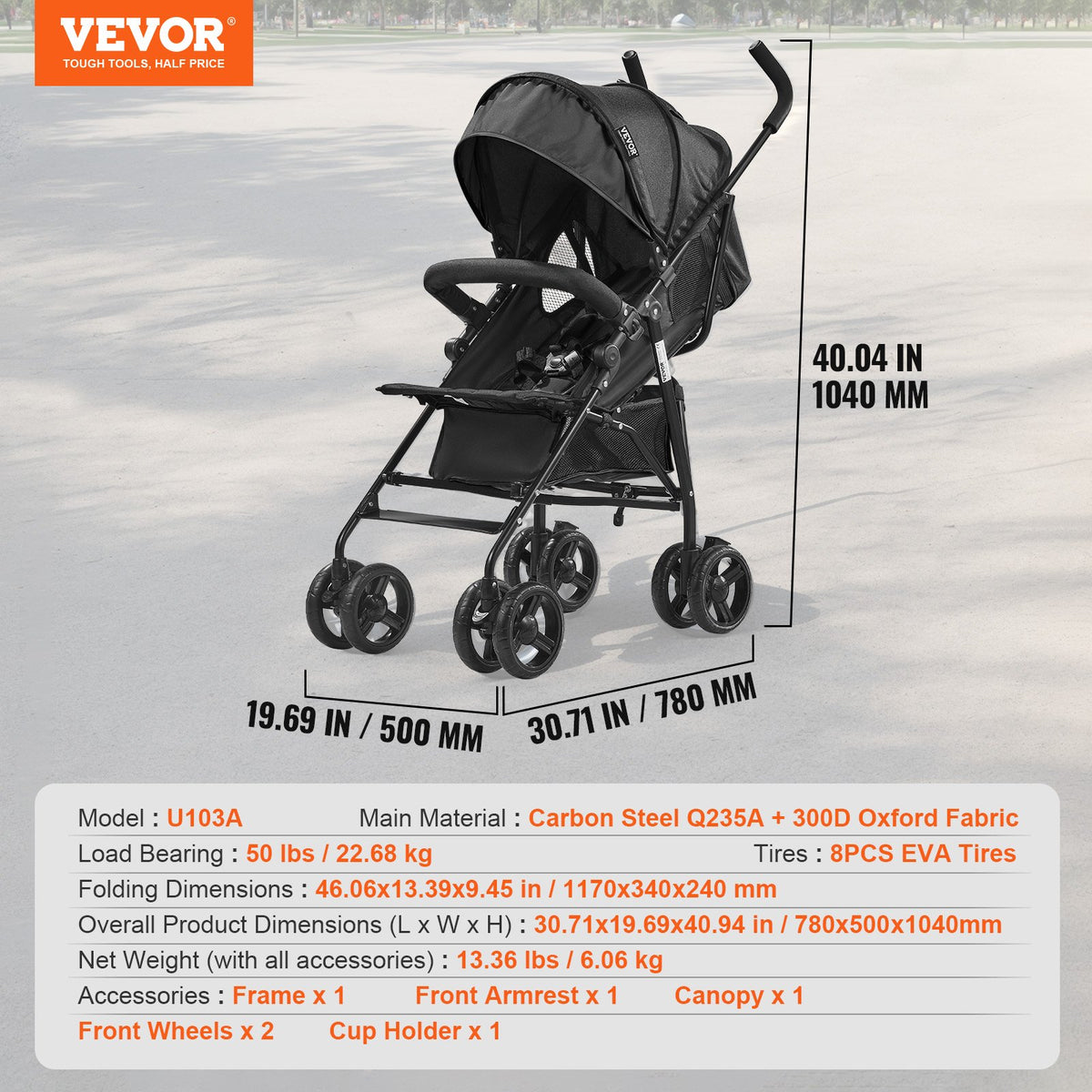 VEVOR Lightweight Stroller, Compact Easy Fold MultiPosition Recline Canopy Backrest, Carbon Steel Frame, Large Storage Basket,Cup Holder, Umbrella Toddler Baby Stroller for Travel and More, Black - BXYETCSXHS007QFKLV0 - view 8