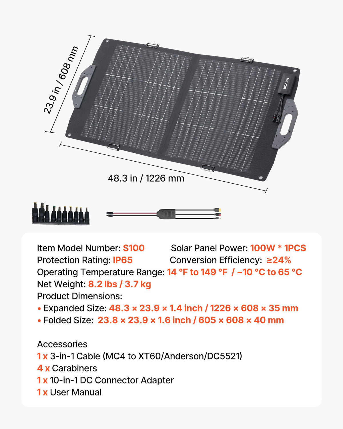 VEVOR 100W Bifacial Solar Panel, 16BB N-Type Foldable Monocrystalline Solar Panel Charger 24% Efficiency, Portable with MC4 Output, USB-A (QC3.0), Type-C & DC Ports for Power Stations Camping Hiking - BXZDTYNB1100CFI83001Y3 - view 8