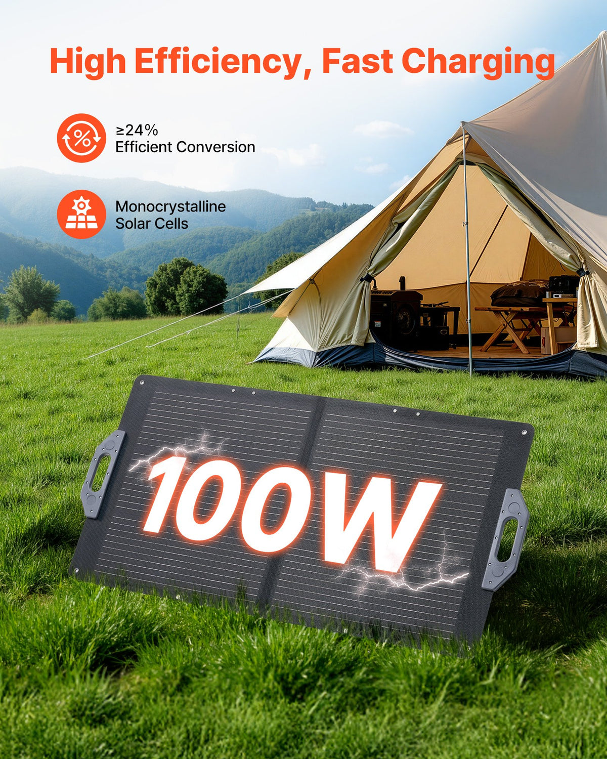 VEVOR 100W Foldable Solar Panel, 24% High-Efficiency Portable Monocrystalline Solar Panel Charger with MC4 Output, USB-A, Type-C & DC Ports, IP65 Waterproof for Power Stations, Camping, Hiking Trips - BXZDTYNB1100UD77V001Y3 - view 3
