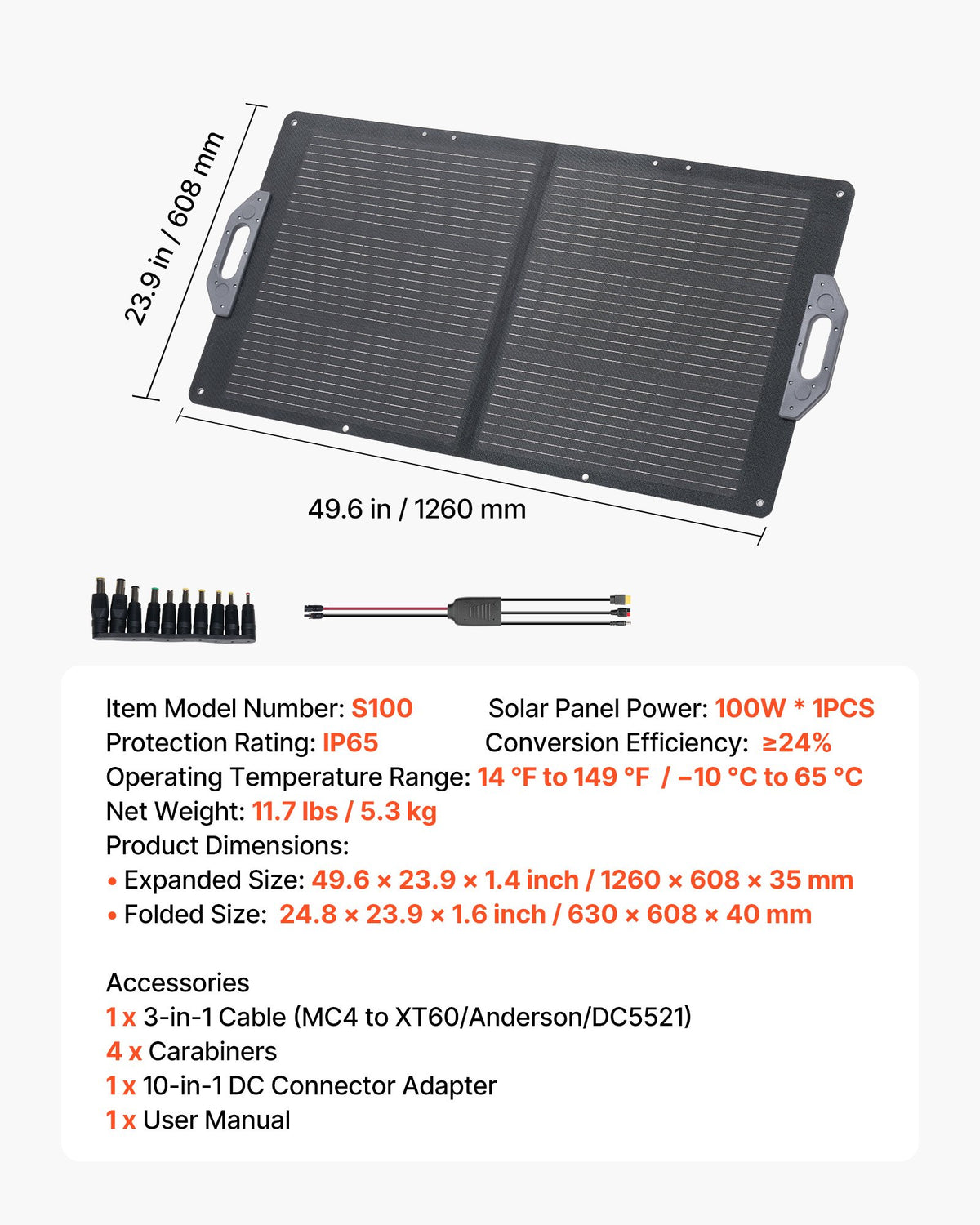 VEVOR 100W Foldable Solar Panel, 24% High-Efficiency Portable Monocrystalline Solar Panel Charger with MC4 Output, USB-A, Type-C & DC Ports, IP65 Waterproof for Power Stations, Camping, Hiking Trips - BXZDTYNB1100UD77V001Y3 - view 8