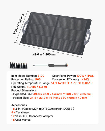 VEVOR 100W Foldable Solar Panel, 24% High-Efficiency Portable Monocrystalline Solar Panel Charger with MC4 Output, USB-A, Type-C & DC Ports, IP65 Waterproof for Power Stations, Camping, Hiking Trips - BXZDTYNB1100UD77V001Y3 - view 8