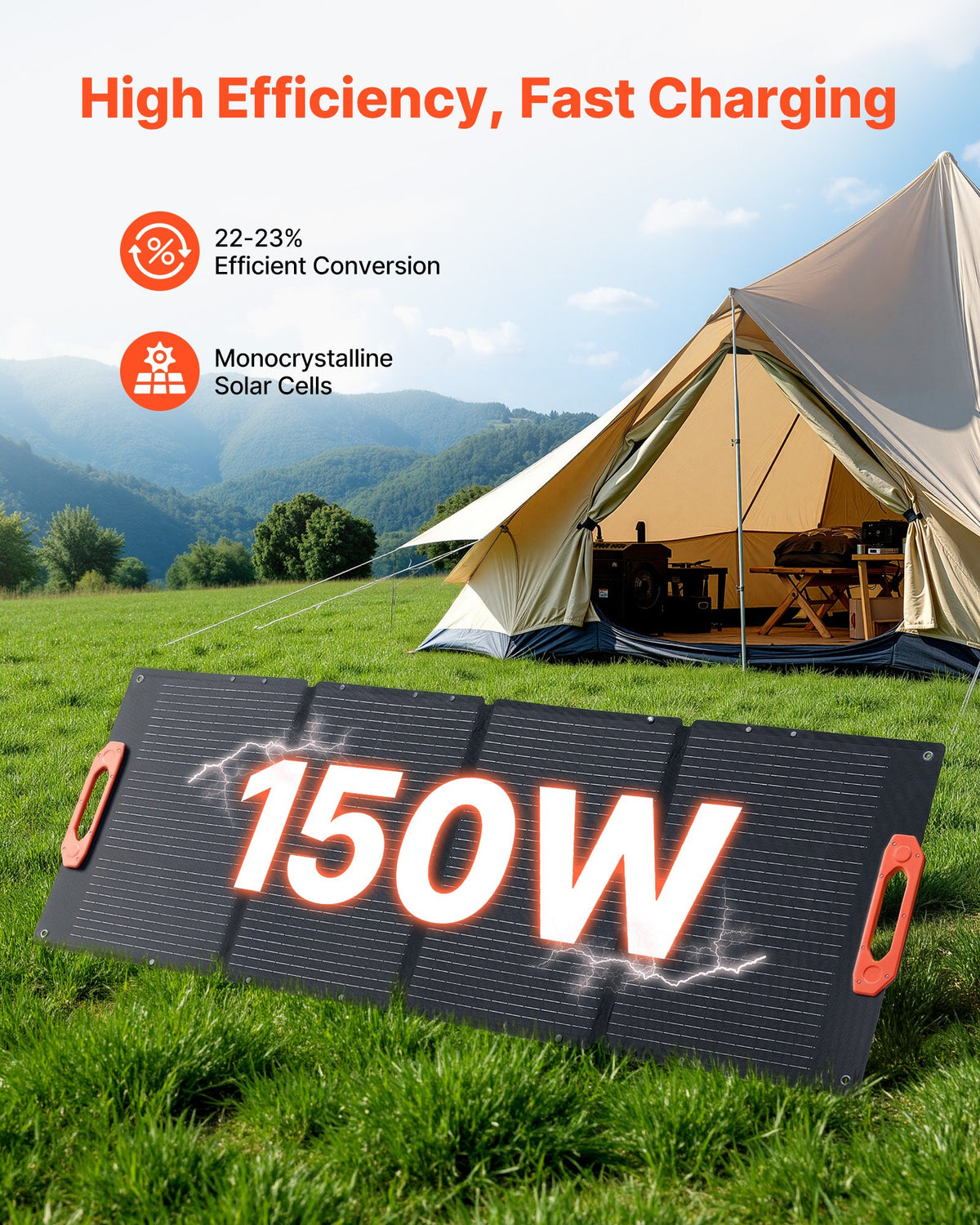 VEVOR 150W Foldable Monocrystalline Solar Panel, 23% Efficiency Portable ETFE Mono Solar Panel Charger with MC4 Output, Type-C, QC3.0 USB & DC Ports, IP67 Waterproof for Power Stations Camping Hiking - BXZDTYNB1150E7M1N001Y3 - view 3