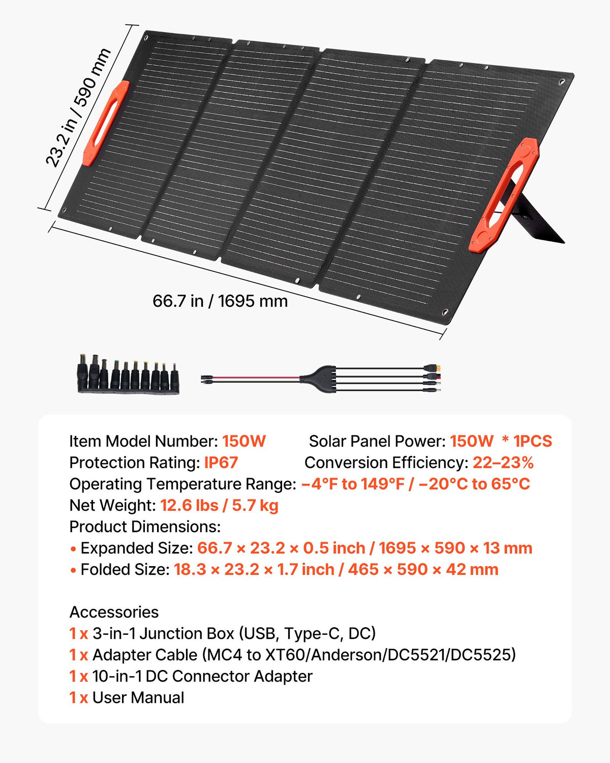 VEVOR 150W Foldable Monocrystalline Solar Panel, 23% Efficiency Portable ETFE Mono Solar Panel Charger with MC4 Output, Type-C, QC3.0 USB & DC Ports, IP67 Waterproof for Power Stations Camping Hiking - BXZDTYNB1150E7M1N001Y3 - view 8