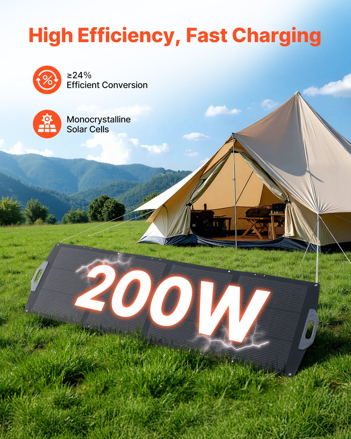 VEVOR 200W Foldable Solar Panel, 24% High-Efficiency Portable Monocrystalline Solar Panel Charger with MC4 Output, USB-A, Type-C & DC Ports, IP67 Waterproof for Power Stations, Camping, Hiking Trips - BXZDTYNB1200XB0D2001Y3 - view 3
