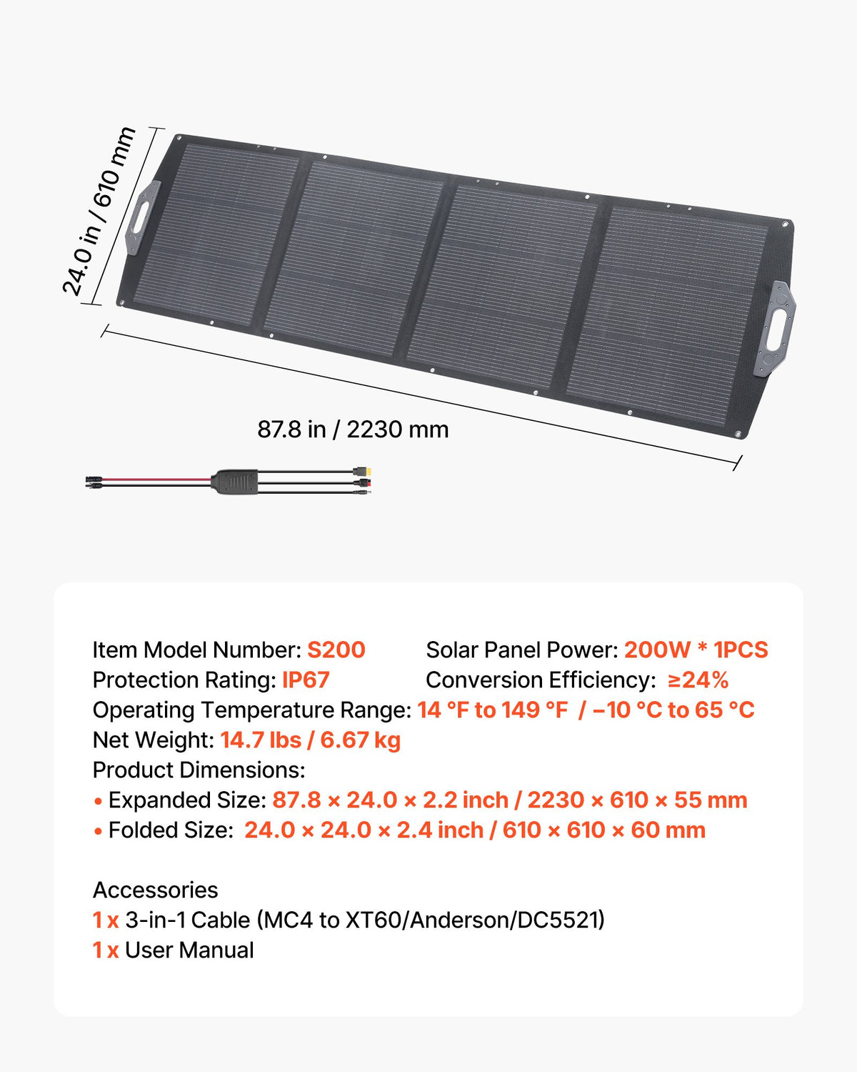 VEVOR 200W Foldable Solar Panel, 24% High-Efficiency Portable Monocrystalline Solar Panel Charger with MC4 Output, USB-A, Type-C & DC Ports, IP67 Waterproof for Power Stations, Camping, Hiking Trips - BXZDTYNB1200XB0D2001Y3 - view 8