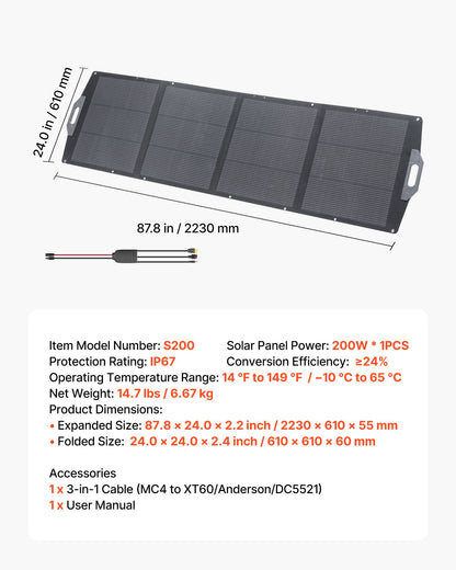 VEVOR 200W Foldable Solar Panel, 24% High-Efficiency Portable Monocrystalline Solar Panel Charger with MC4 Output, USB-A, Type-C & DC Ports, IP67 Waterproof for Power Stations, Camping, Hiking Trips - BXZDTYNB1200XB0D2001Y3 - view 8