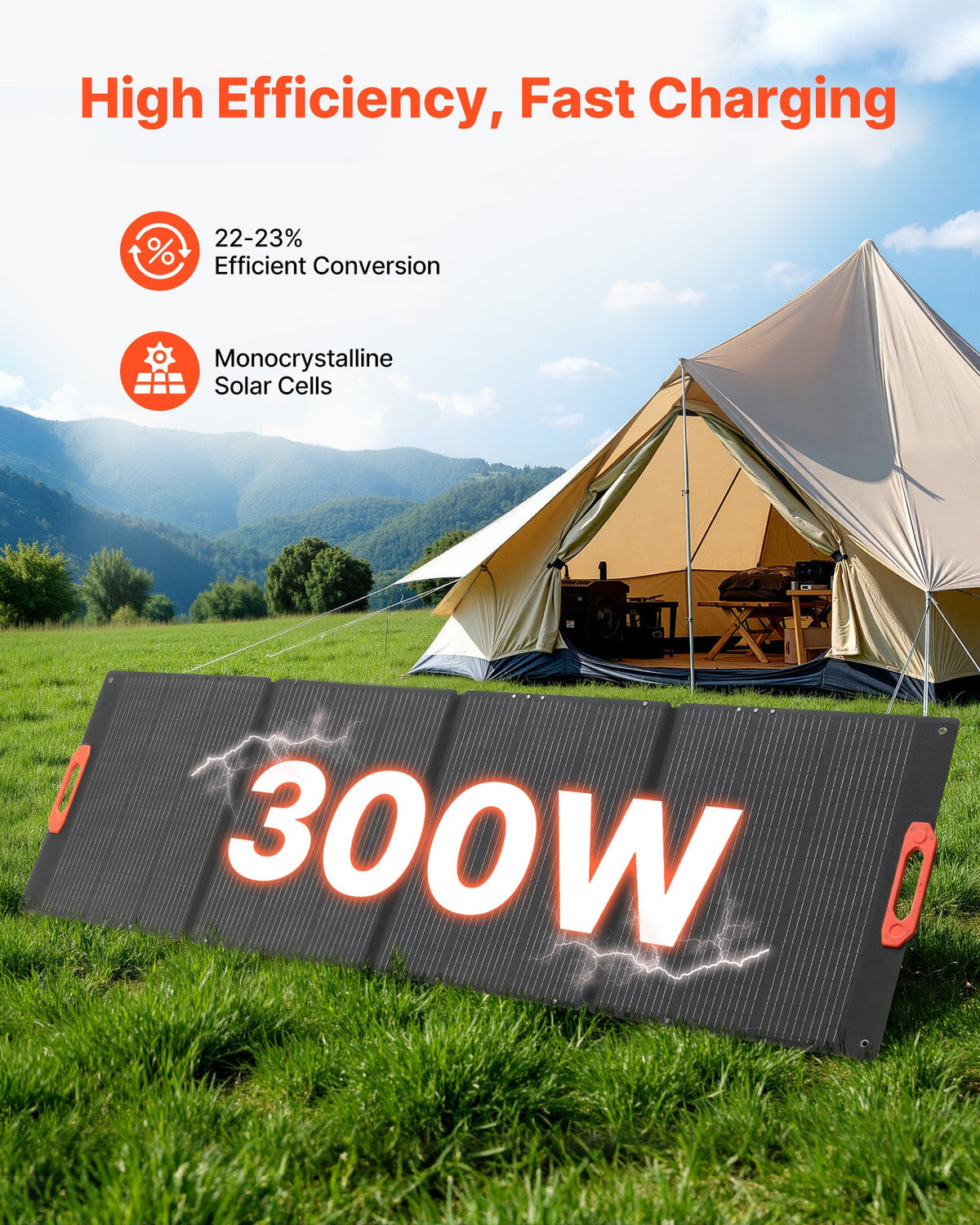 VEVOR 300W Foldable Monocrystalline Solar Panel, 23% High-Efficiency Portable Mono Solar Panel Charger with MC4 Output & 10-in-1 DC Adapters, IP67 Waterproof for Power Stations, Camping, Hiking Trips - BXZDTYNB1300K0NL5001V1 - view 3