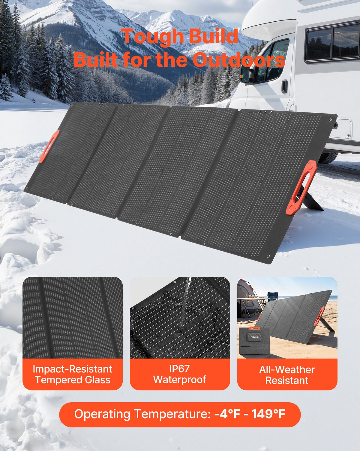 VEVOR 300W Foldable Monocrystalline Solar Panel, 23% High-Efficiency Portable Mono Solar Panel Charger with MC4 Output & 10-in-1 DC Adapters, IP67 Waterproof for Power Stations, Camping, Hiking Trips - BXZDTYNB1300K0NL5001V1 - view 6