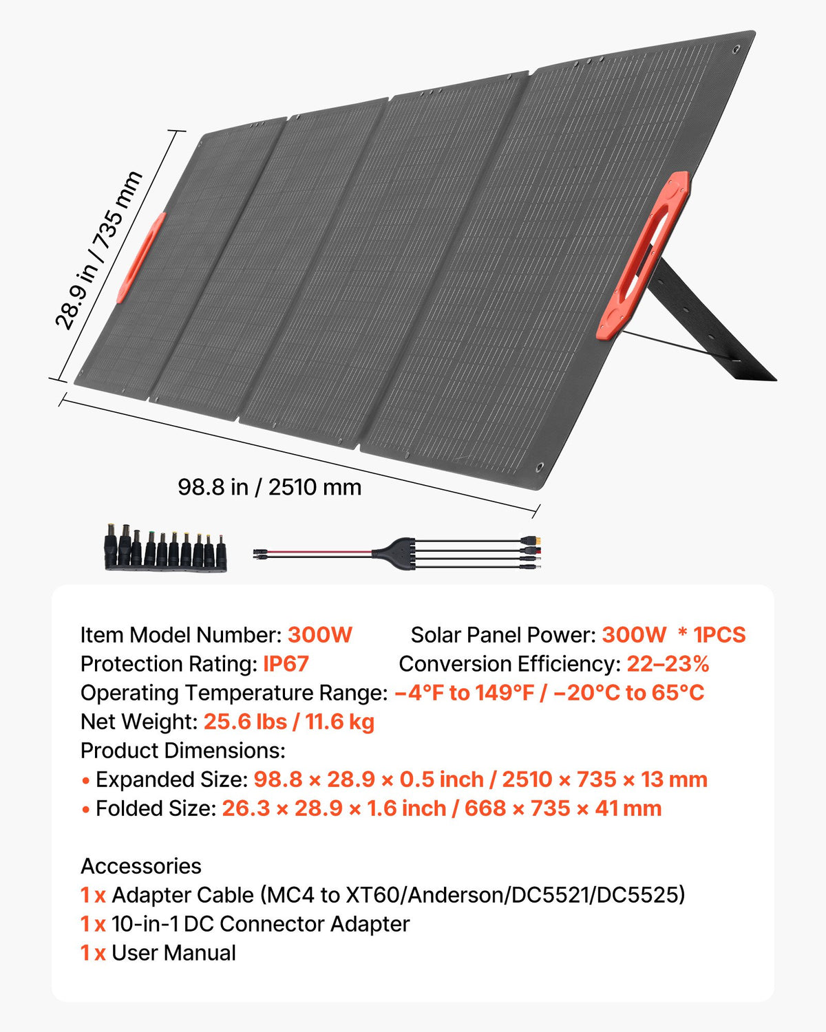 VEVOR 300W Foldable Monocrystalline Solar Panel, 23% High-Efficiency Portable Mono Solar Panel Charger with MC4 Output & 10-in-1 DC Adapters, IP67 Waterproof for Power Stations, Camping, Hiking Trips - BXZDTYNB1300K0NL5001V1 - view 8