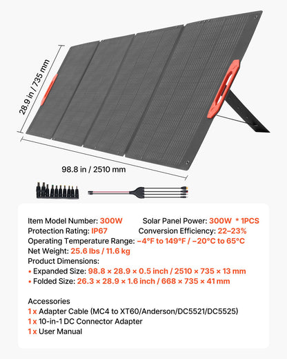 VEVOR 300W Foldable Monocrystalline Solar Panel, 23% High-Efficiency Portable Mono Solar Panel Charger with MC4 Output & 10-in-1 DC Adapters, IP67 Waterproof for Power Stations, Camping, Hiking Trips - BXZDTYNB1300K0NL5001V1 - view 8