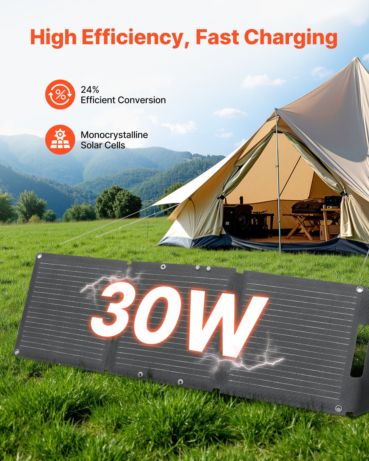 VEVOR 30W Foldable Solar Panel Charger, 16BB N-Type Monocrystalline Solar Panel 24% Efficiency, Ultra-Light Portable with USB-A, USB-A (QC3.0) & Type-C Ports for Camping, Backpacking, Phones, Tablets - BXZDTYNB130WQ3D4Y001Y3 - view 3