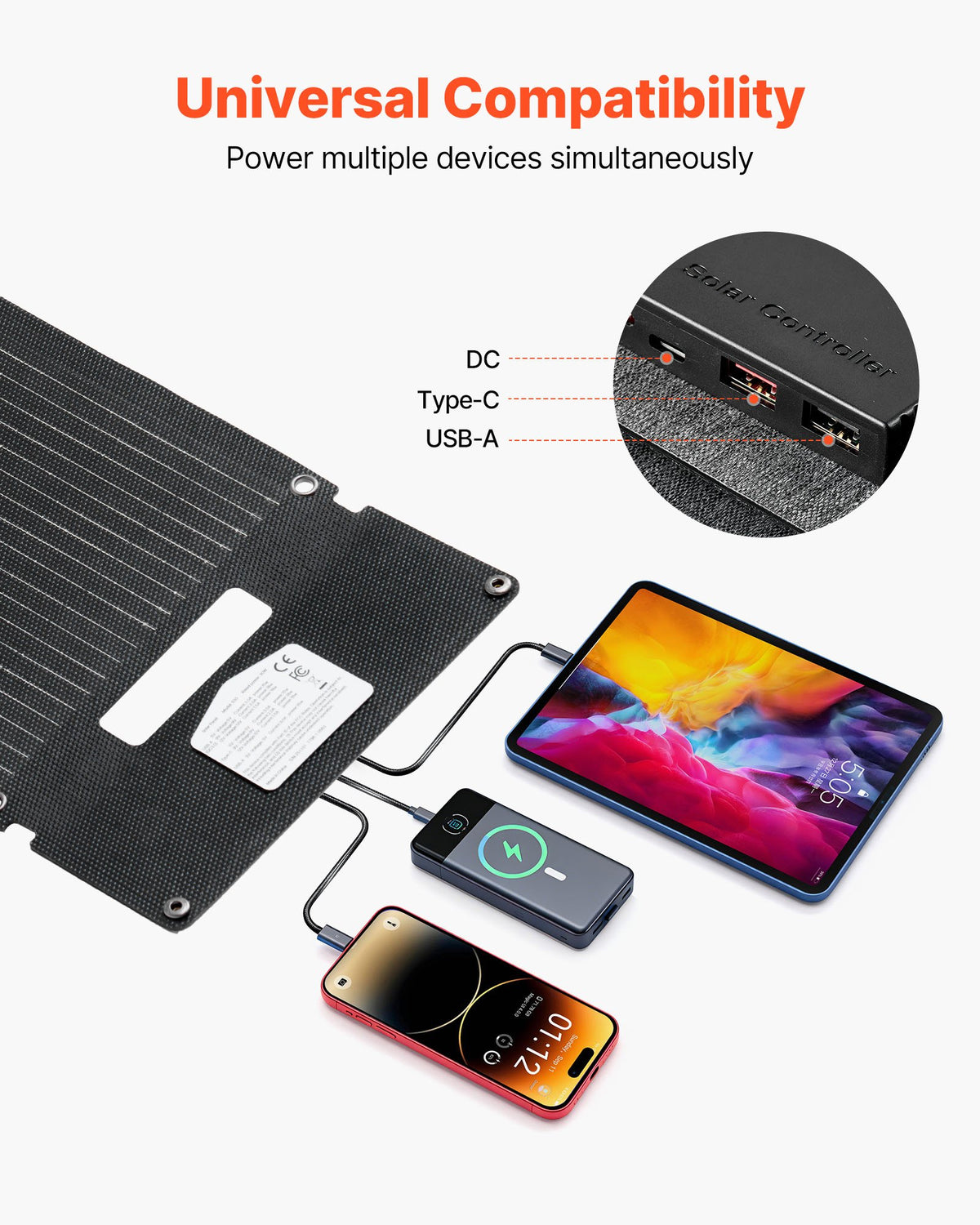 VEVOR 30W Foldable Solar Panel Charger, 16BB N-Type Monocrystalline Solar Panel 24% Efficiency, Ultra-Light Portable with USB-A, USB-A (QC3.0) & Type-C Ports for Camping, Backpacking, Phones, Tablets - BXZDTYNB130WQ3D4Y001Y3 - view 4