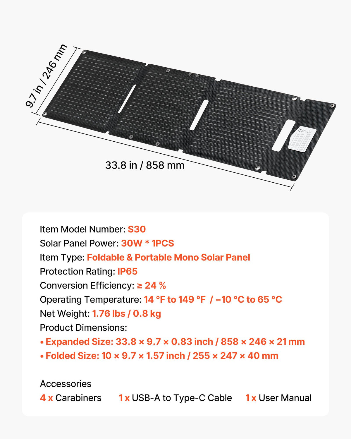 VEVOR 30W Foldable Solar Panel Charger, 16BB N-Type Monocrystalline Solar Panel 24% Efficiency, Ultra-Light Portable with USB-A, USB-A (QC3.0) & Type-C Ports for Camping, Backpacking, Phones, Tablets - BXZDTYNB130WQ3D4Y001Y3 - view 8