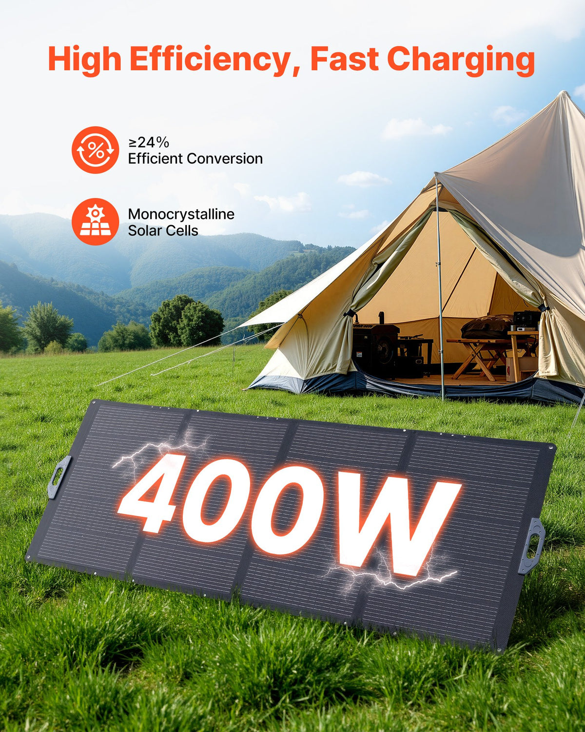 VEVOR 400W Foldable Solar Panel, 24% High-Efficiency Portable Monocrystalline Solar Panel Charger with MC4 Output & 10-in-1 DC Adapter, IP67 Waterproof for Power Stations, Camping, Hiking Trips - BXZDTYNB1400ST3M8001V1 - view 3
