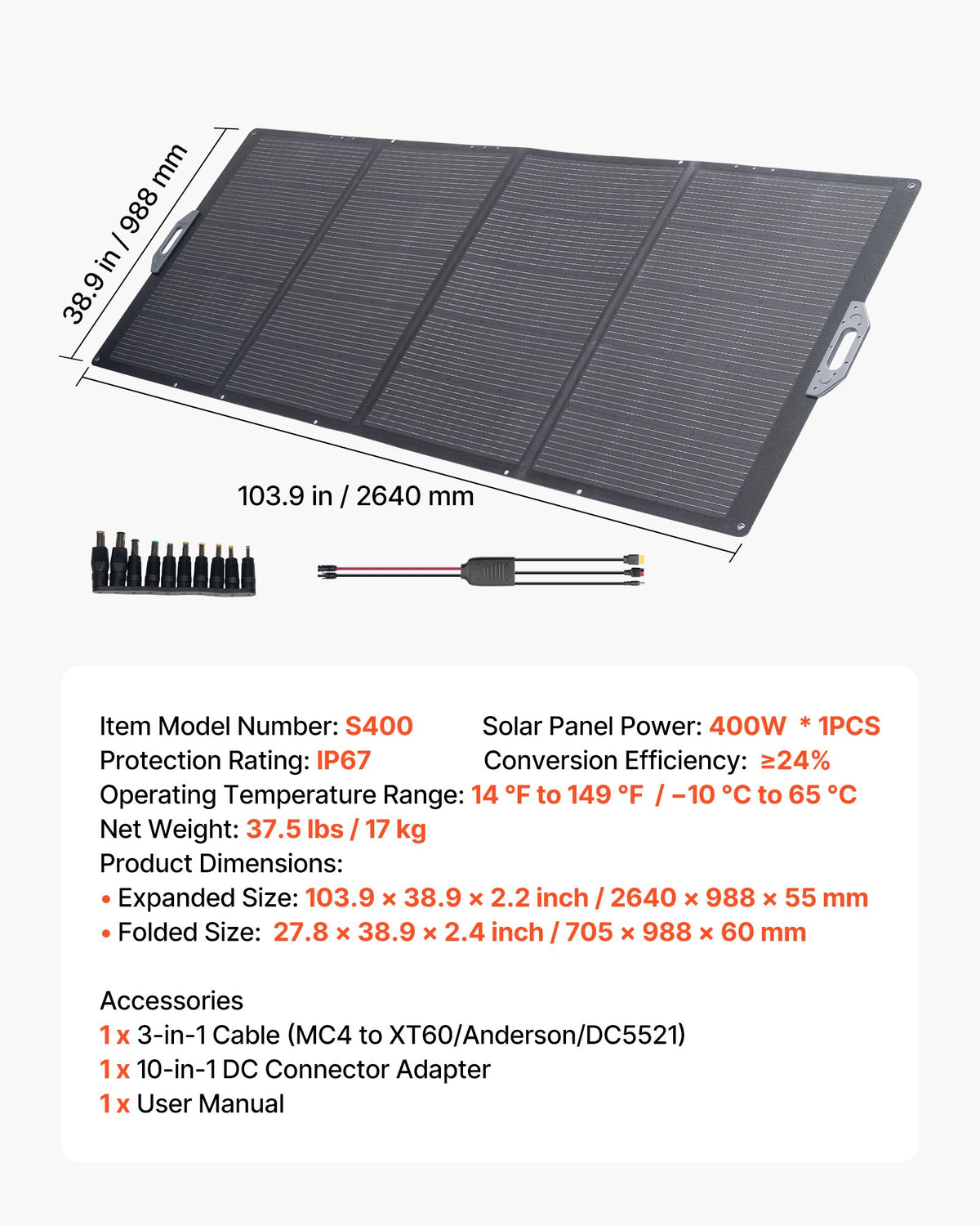 VEVOR 400W Foldable Solar Panel, 24% High-Efficiency Portable Monocrystalline Solar Panel Charger with MC4 Output & 10-in-1 DC Adapter, IP67 Waterproof for Power Stations, Camping, Hiking Trips - BXZDTYNB1400ST3M8001V1 - view 8