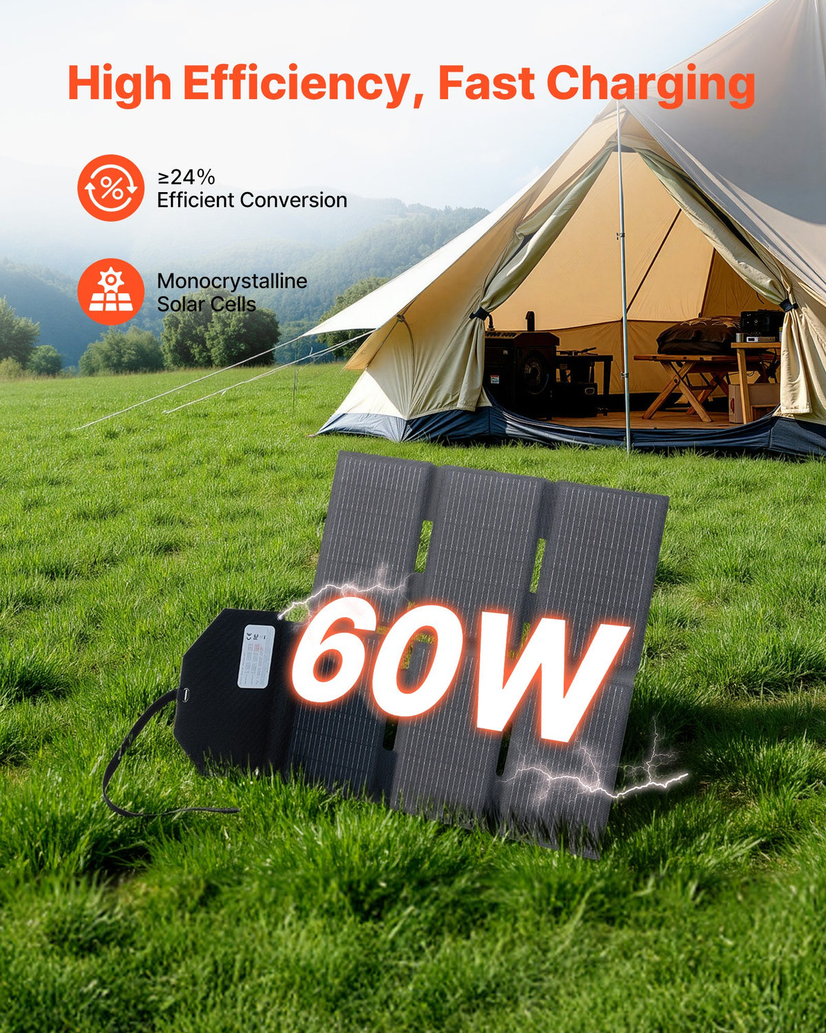 VEVOR 60W Foldable Solar Panel Charger, 16BB N-Type Monocrystalline Solar Panel 24% Efficiency, Lightweight Portable with MC4 Output, Type-C, USB-A & DC Ports for Power Stations Camping Hiking - BXZDTYNB160W36PFJ001Y3 - view 3