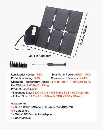 VEVOR 60W Foldable Solar Panel Charger, 16BB N-Type Monocrystalline Solar Panel 24% Efficiency, Lightweight Portable with MC4 Output, Type-C, USB-A & DC Ports for Power Stations Camping Hiking - BXZDTYNB160W36PFJ001Y3 - view 8