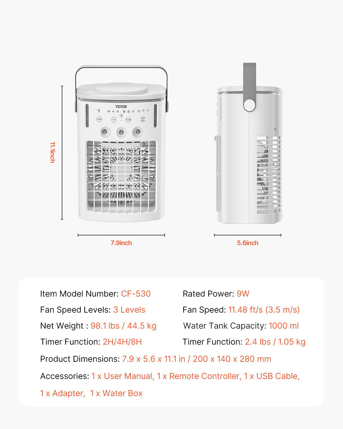 VEVOR Portable Air Conditioner, 4-in-1 Evaporative Air Cooler with Remote Control, 3-Speed Mini Air Conditioner with Timer, 3 Mist Levels, 1L Water Tank, 120° Oscillating Mini AC Fan for Desktop Home - BXZFLQQ1000MLF7AOV9 - view 8