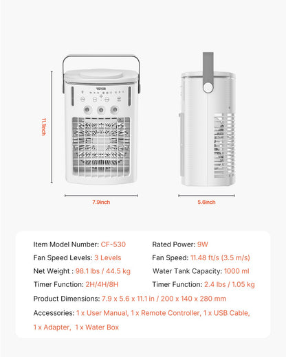 VEVOR Portable Air Conditioner, 4-in-1 Evaporative Air Cooler with Remote Control, 3-Speed Mini Air Conditioner with Timer, 3 Mist Levels, 1L Water Tank, 120° Oscillating Mini AC Fan for Desktop Home - BXZFLQQ1000MLF7AOV9 - view 8