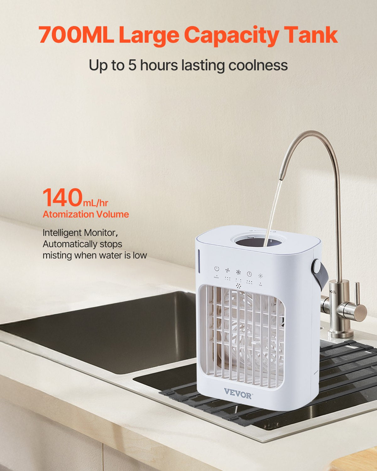 VEVOR Portable Air Conditioner, 4-in-1 Evaporative Air Cooler, 3-Speed Mini Air Conditioner with 0-7H Smart Timer, 700ml Water Tank, 7-Color Light, Personal Mini Desk AC Fan for Bedroom Office Room - BXZFLQQBXSBKCVLT6V9 - view 4