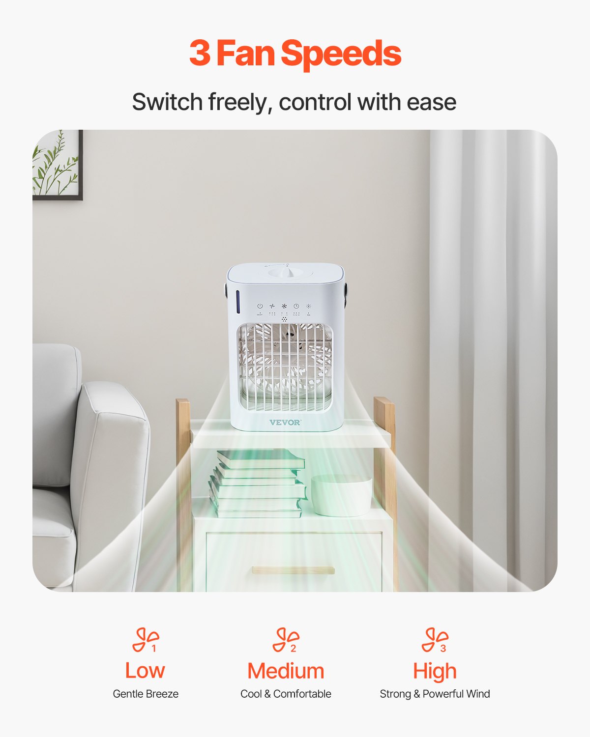 VEVOR Portable Air Conditioner, 4-in-1 Evaporative Air Cooler, 3-Speed Mini Air Conditioner with 0-7H Smart Timer, 700ml Water Tank, 7-Color Light, Personal Mini Desk AC Fan for Bedroom Office Room - BXZFLQQBXSBKCVLT6V9 - view 6